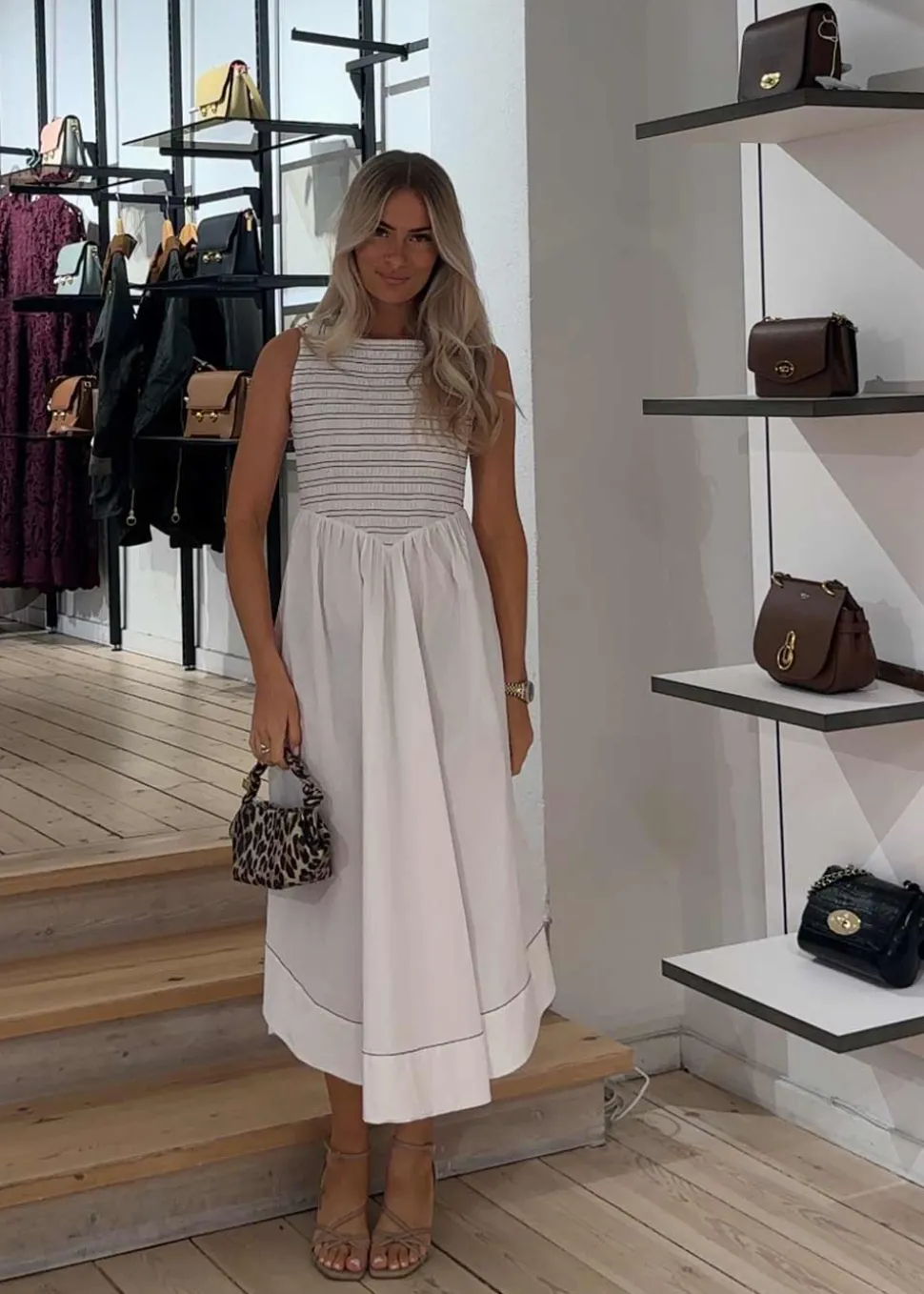 Washed Stretch Cotton Smock Midi Straps Dress